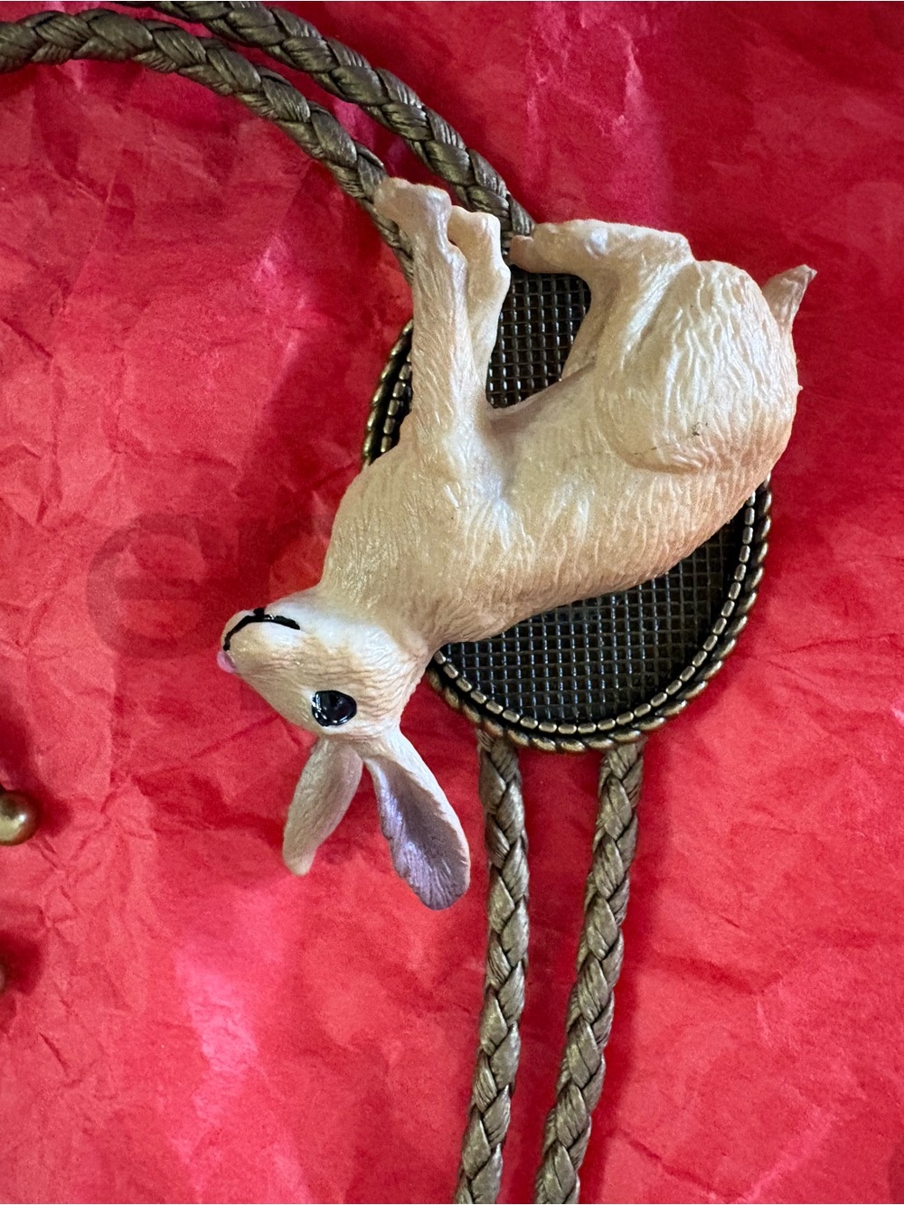 Vintage Bunny Bolo Tie with Braided Cord - Taupe Bunny